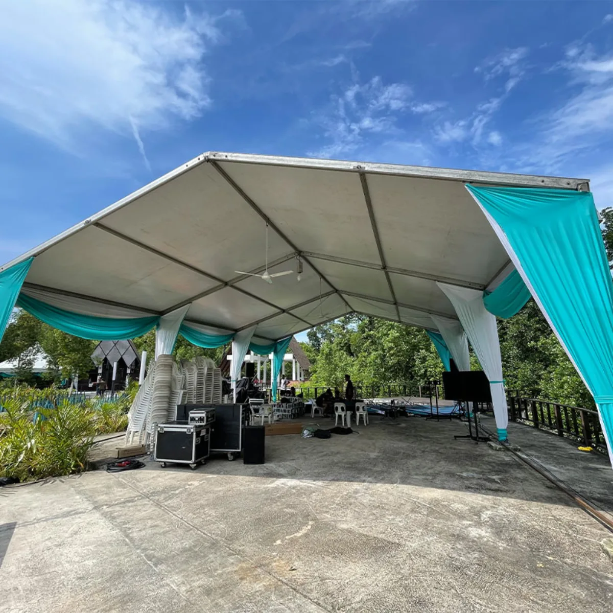 Temporary event canopy installed on a compact site