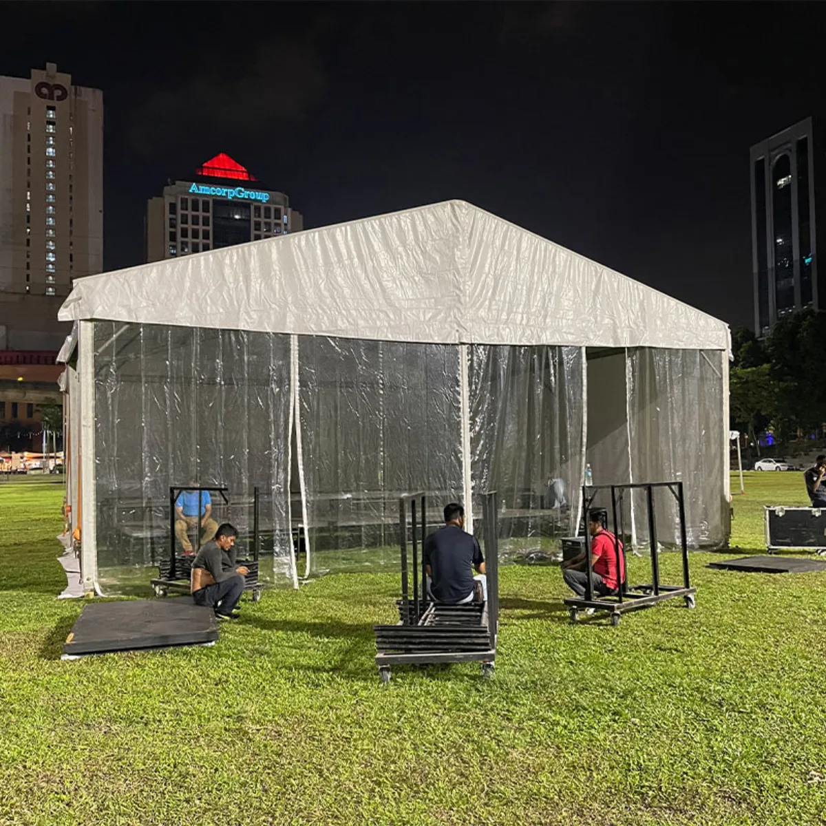 Temporary enclosed structure on a grass event site