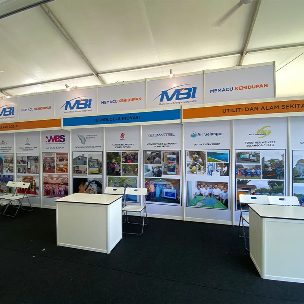 Exhibition wall containing a grid of corporate project panels